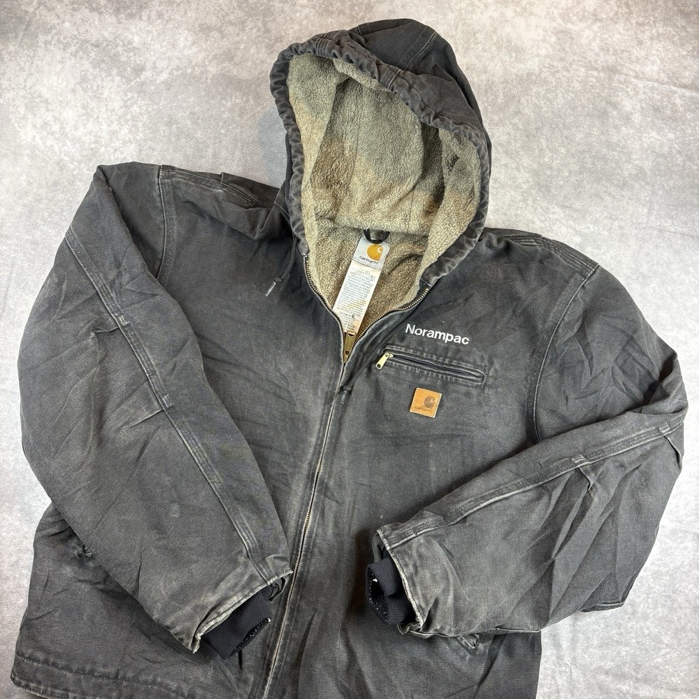 VINTAGE Carhartt Jacket Mens XL Black Hooded Firm Sherpa Lined Canvas J141 Y2K